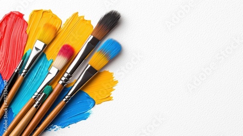 A photostock of colorful paintbrush tips in a fan arrangement, isolated on a white background, artistic and vibrant, High Quality