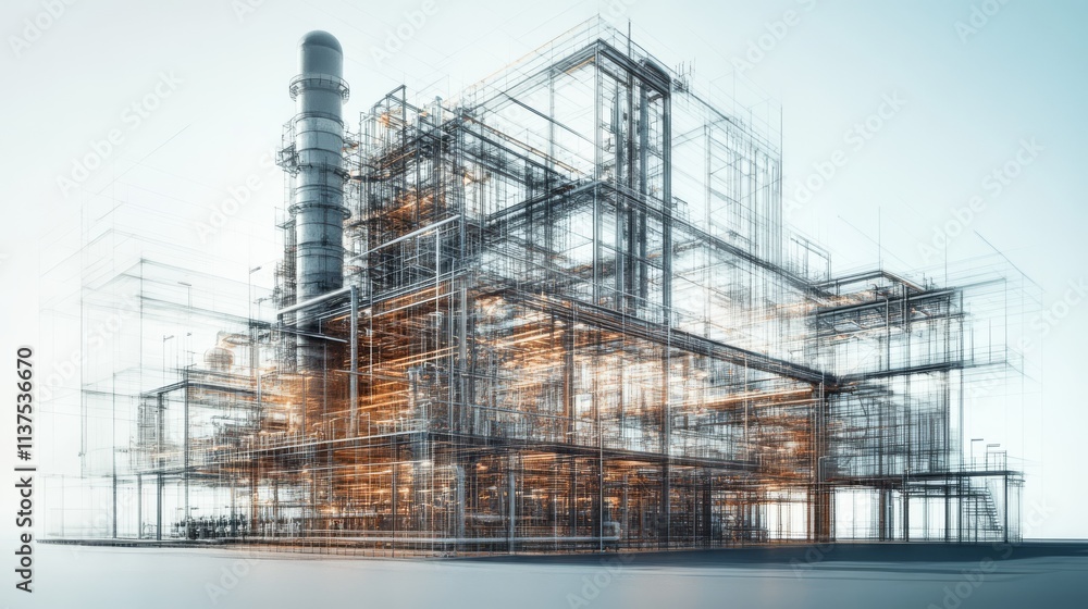 A complex digital wireframe rendering of an advanced industrial building, highlighting intricate details of its structure. The transparent design showcases futuristic architecture in an industrial A complex digital wireframe rendering of an advanced industrial building, highlighting intricate details of its structure. The transparent design showcases futuristic architecture in an industrial