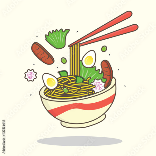 Ramen Noodle Japanese Food Vector Flat Illustration. Logo Concept or Flat Cartoon Style