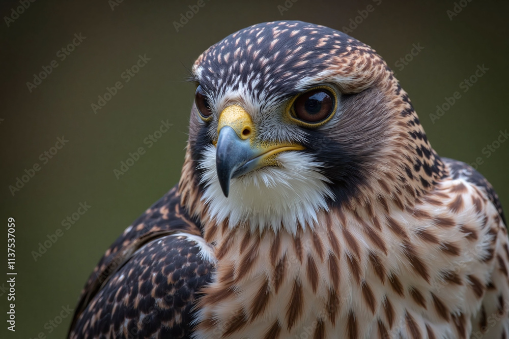 Peregrine falcon in close-up with mottled plumage Peregrine falcon in close-up with mottled plumage
