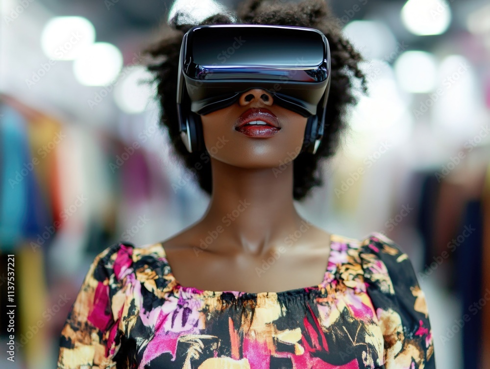 Woman with VR headset in store Woman with VR headset in store
