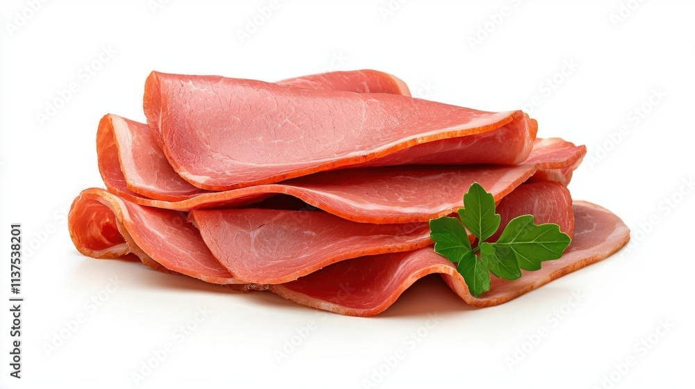 A photostock of thinly sliced ham stacked neatly, isolated on a white background, ready for culinary promotions, High Quality A photostock of thinly sliced ham stacked neatly, isolated on a white background, ready for culinary promotions, High Quality
