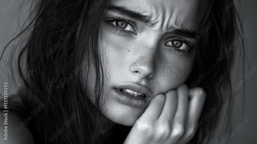 A woman with a puffy face and dark hair is looking down at her hands A woman with a puffy face and dark hair is looking down at her hands