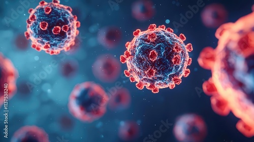 Cancer cells idea. Detailed visualization of virus particles in a microscopic view.