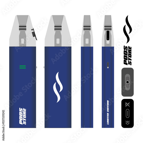 E-cigarette template view from all sides with navy blue product color