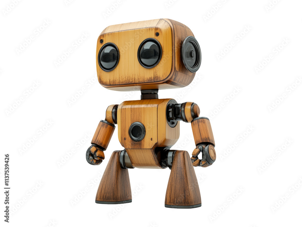 Fototapeta premium Futuristic Wooden Toy Robot Isolated on Transparent Background