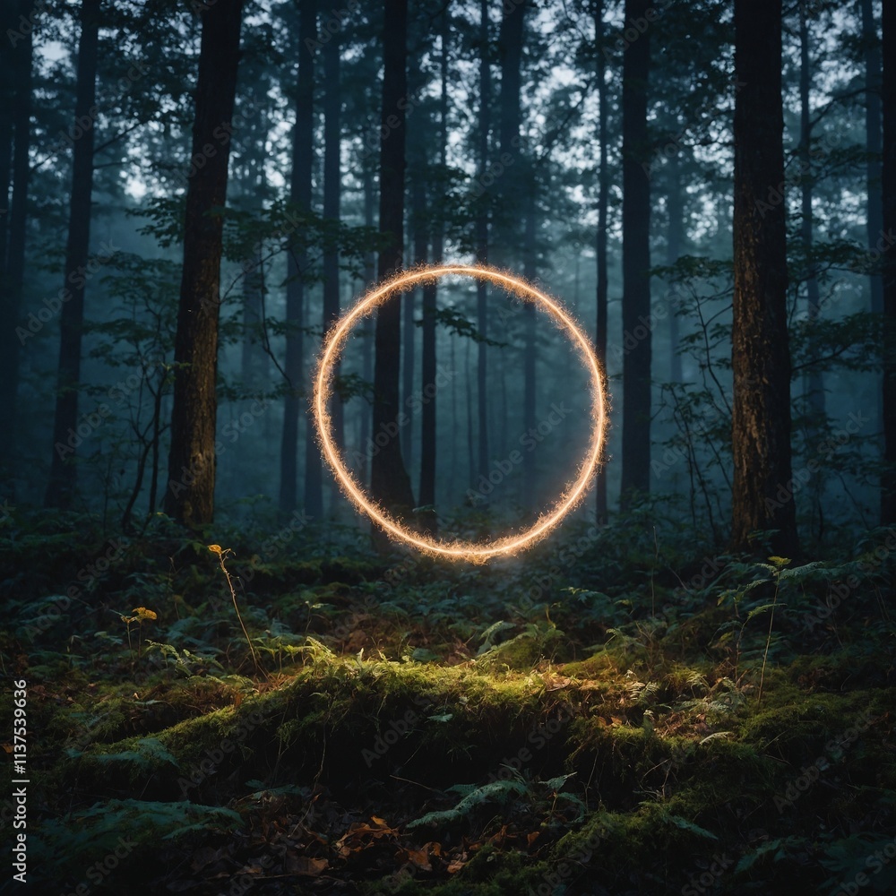 A glowing ring levitating in a misty enchanted forest. A glowing ring levitating in a misty enchanted forest.