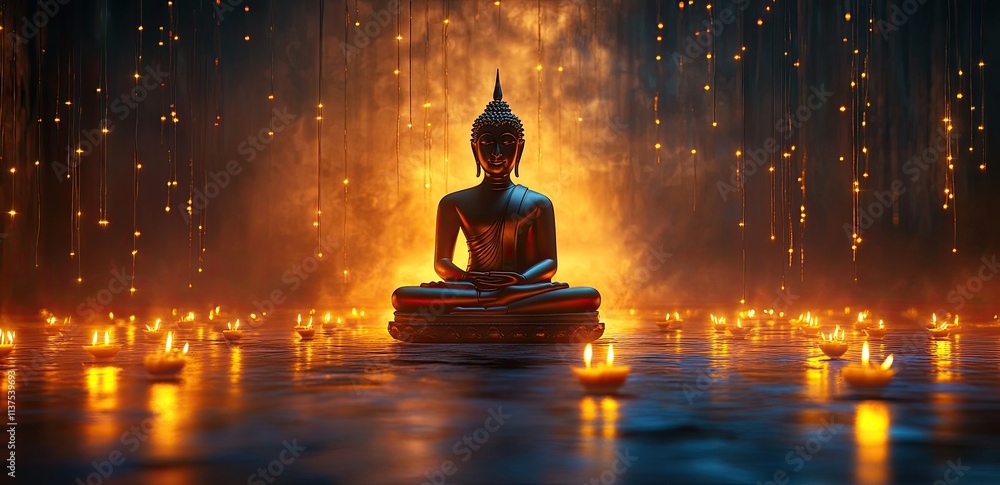 Buddha statue in a golden lotus position with deep blue and orange lights in the background, a meditation concept conveying calmness Buddha statue in a golden lotus position with deep blue and orange lights in the background, a meditation concept conveying calmness
