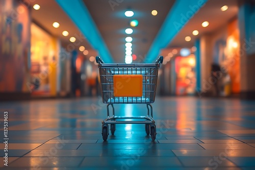 An empty shopping cart stands in the middle of a brightly lit shopping mall photo