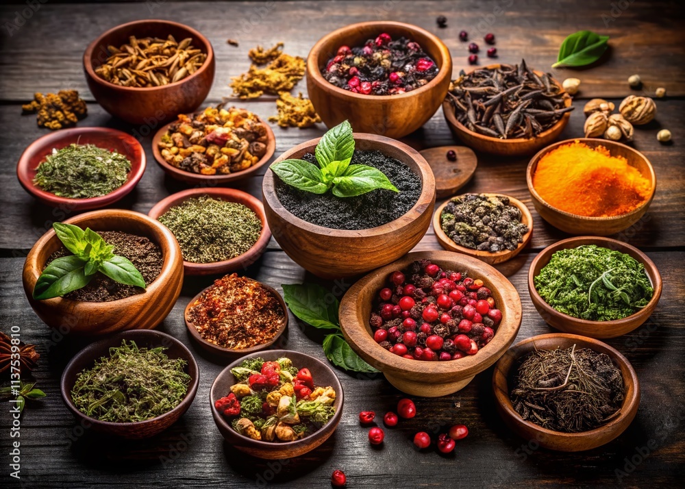 Loose Leaf Tea, Herbal Tea Blend, Dry Tea Leaves, Wooden Bowls, Spice, Rustic Background, Tea Variety, Aromatic Herbs, Tea Collection, Organic Tea Loose Leaf Tea, Herbal Tea Blend, Dry Tea Leaves, Wooden Bowls, Spice, Rustic Background, Tea Variety, Aromatic Herbs, Tea Collection, Organic Tea