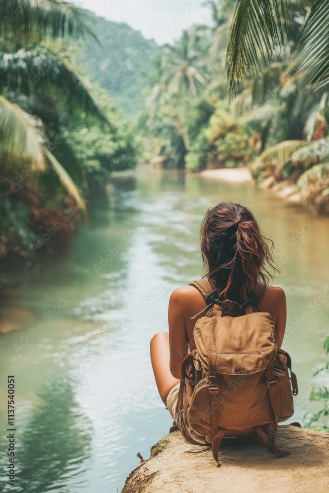 River scenery with seated woman River scenery with seated woman