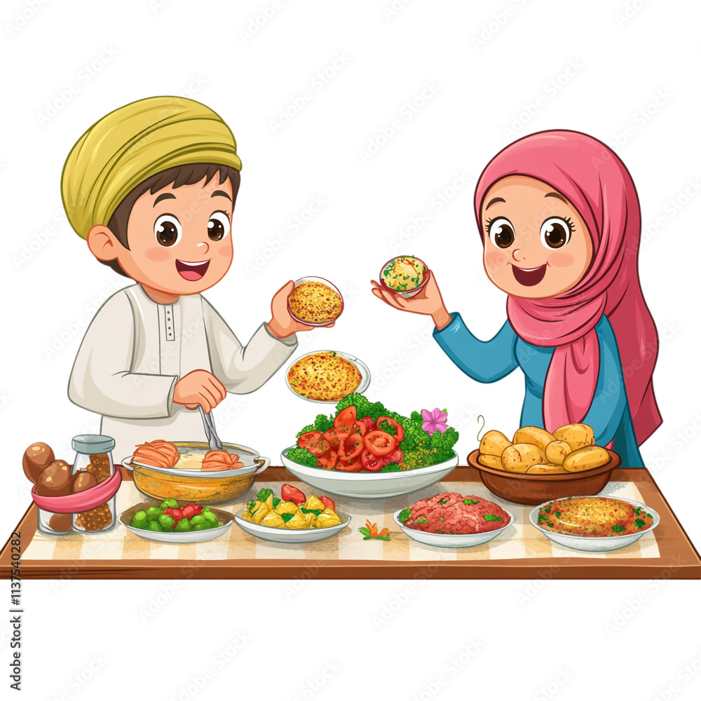 A family preparing a festive Iftar meal, embodying togetherness and tradition, with various dishes laid out, isolated on a transparent background. A family preparing a festive Iftar meal, embodying togetherness and tradition, with various dishes laid out, isolated on a transparent background.