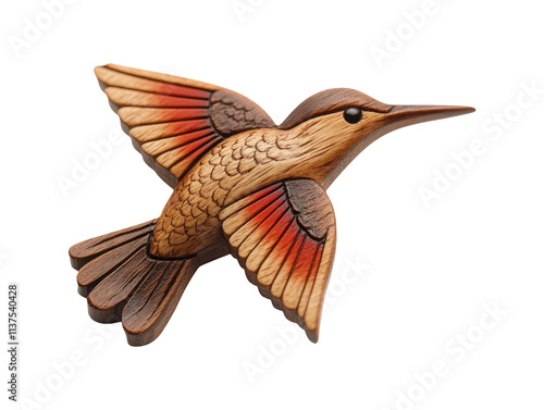 Wooden Hummingbird Brooch Pin Isolated on White Background photo