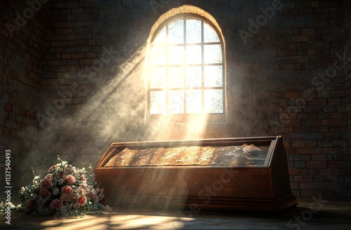 Wallpaper Mural 3D rendering of an illuminated open coffin in a dark room with a brick wall and flowers. AI generated illustration Torontodigital.ca