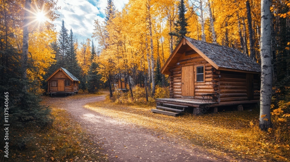 Scenic autumn landscape featuring cozy cabins along a winding path surrounded by vibrant foliage. Scenic autumn landscape featuring cozy cabins along a winding path surrounded by vibrant foliage.
