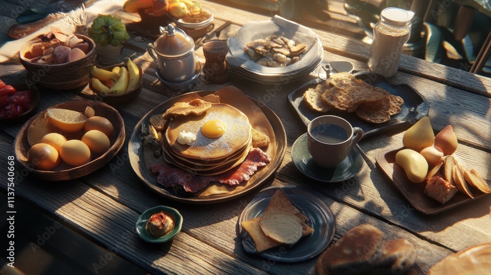 Table laden with breakfast food, pancakes, eggs, fruit. Table laden with breakfast food, pancakes, eggs, fruit.