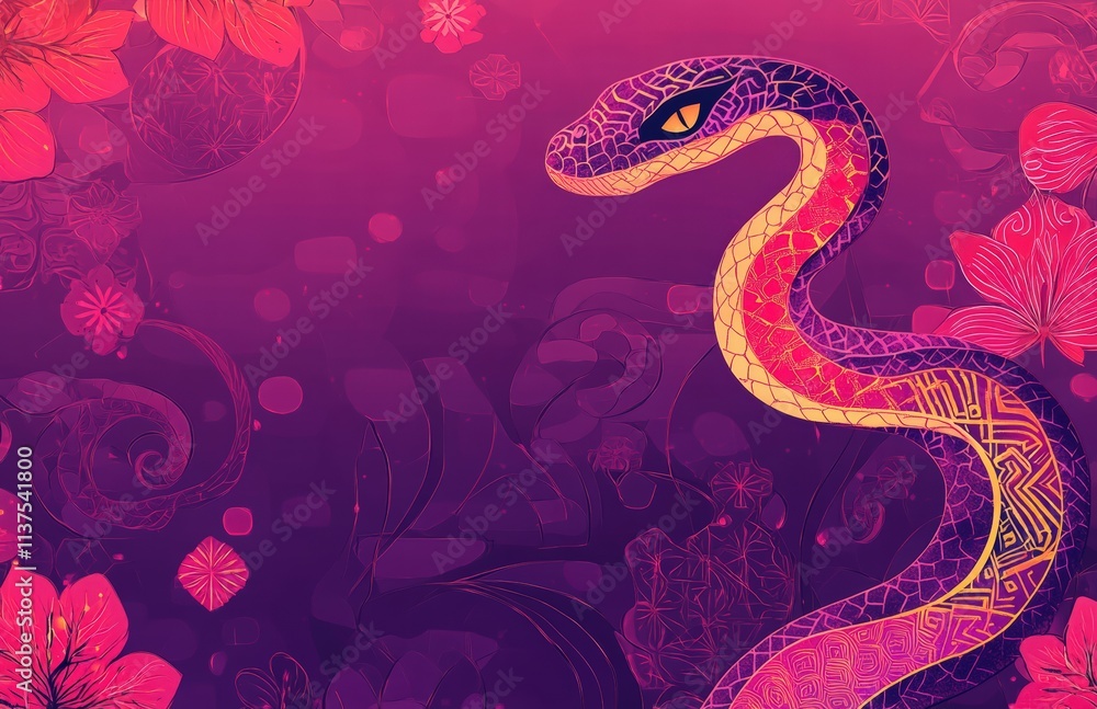 Obraz premium purple background with a red snake pattern with text 2025, line drawing of the year of the dragon in ancient China, Chinese New Year elements, poster title Year of the Snake, Chinese zodiac sign snake