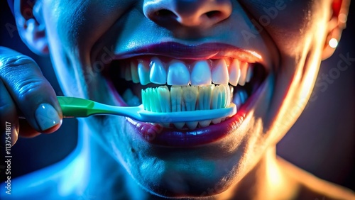 Low Light Dental Hygiene: Nighttime Oral Care,  Teeth Cleaning,  Brushing, Flossing,  Healthy Gums,  Oral Health, Dark Photography photo