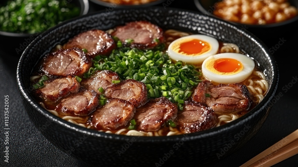 Delicious ramen bowl with sliced meat, soft boiled eggs, and green onions. Delicious ramen bowl with sliced meat, soft boiled eggs, and green onions.