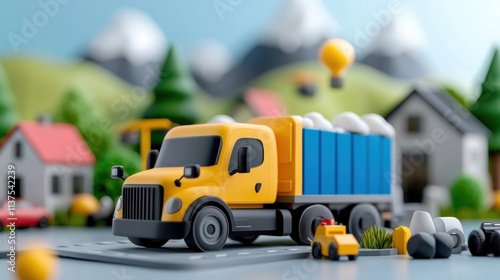 A vibrant toy dump truck in a detailed miniature model of a suburban neighborhood featuring small scale houses trees roads and other elements of a residential community photo