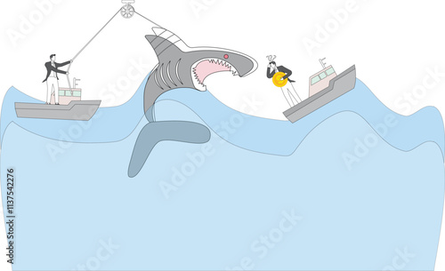 Adventure, seeking opportunities in crisis and risk, financial risk, gambling or investment risk, businessman or investor pulling the fins of sharks in the ocean