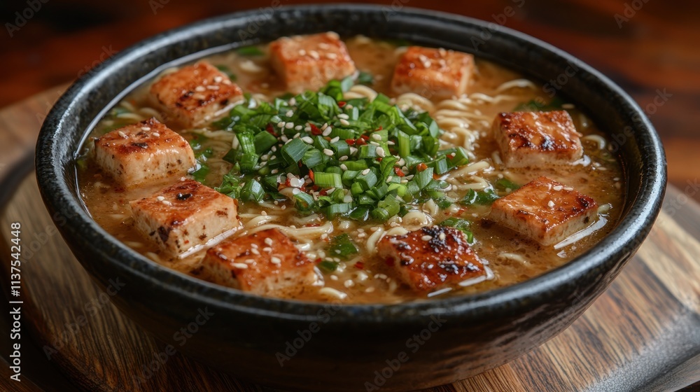 Delicious ramen bowl with tofu, noodles, and scallions. Delicious ramen bowl with tofu, noodles, and scallions.