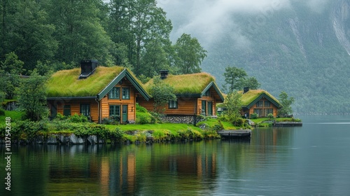 Scenic lakeside cottages with green roofs surrounded by trees and mountains.