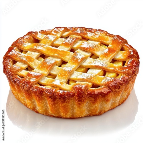 A photostock of a freshly baked apple pie with a lattice crust, isolated on a white background, warm and inviting, High Quality photo