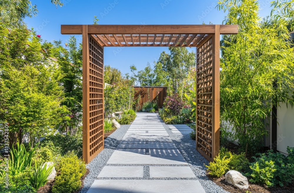 A modern, wooden trellis with greenery on both sides is used as an entrance to the garden area A modern, wooden trellis with greenery on both sides is used as an entrance to the garden area
