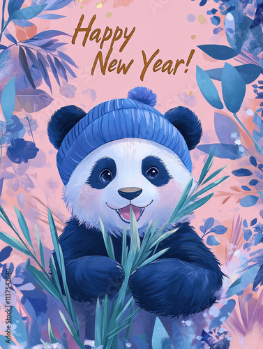 Charming New Year Illustrations with panda wearing a beanie, munching on bambooh: Cute Holiday Designs for Cards, Wallpapers, T-Shirts, Posters & Decor photo