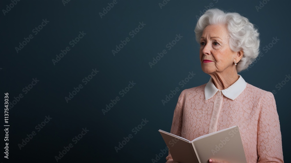 Reflective senior woman reading a book against dark background indoor portrait calm mood Reflective senior woman reading a book against dark background indoor portrait calm mood
