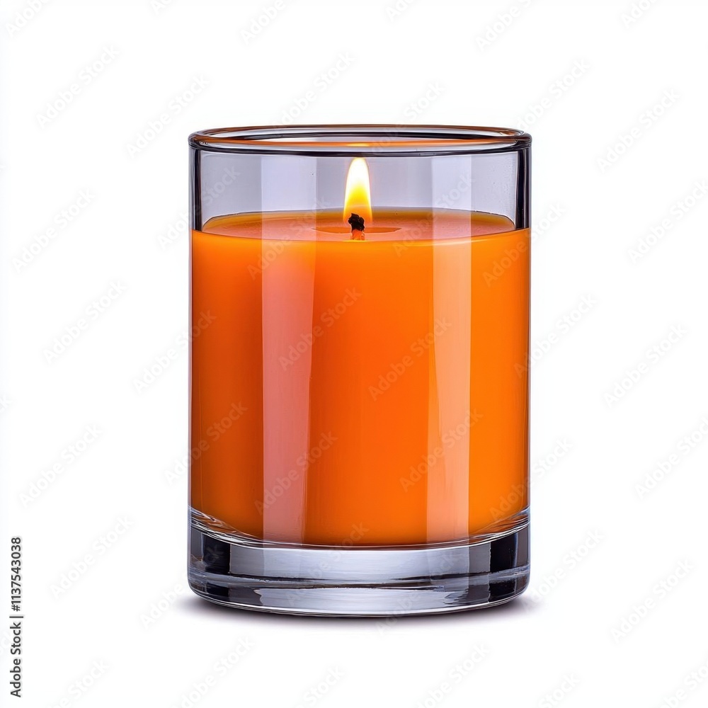 Fototapeta premium A photostock of a glowing candle in a glass holder, isolated on a clean white background, warm and serene, High Quality