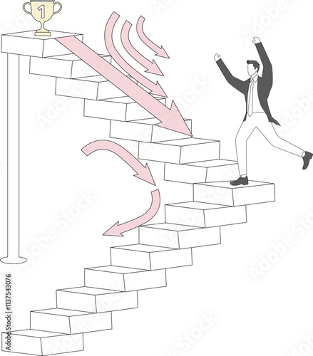 Full of courage and conviction, conquer adversity, challenge to overcome difficulties, obstacles or business problems, isometric businessman against falling arrows climbing up the stairs