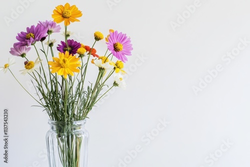 A Bouquet of Colorful Flowers in a Glass Vase Against a White Background