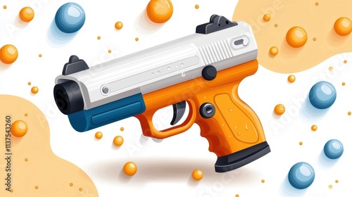 Vibrant and Colorful Toy Gun Pistol with Playful Spherical on Vivid Backdrop  Toy Weapon for Children s Fun and Games photo