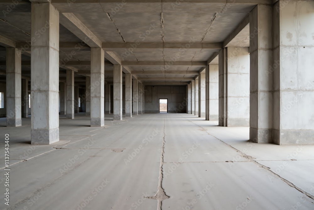 Spacious concrete warehouse interior with large columns and natural light Spacious concrete warehouse interior with large columns and natural light