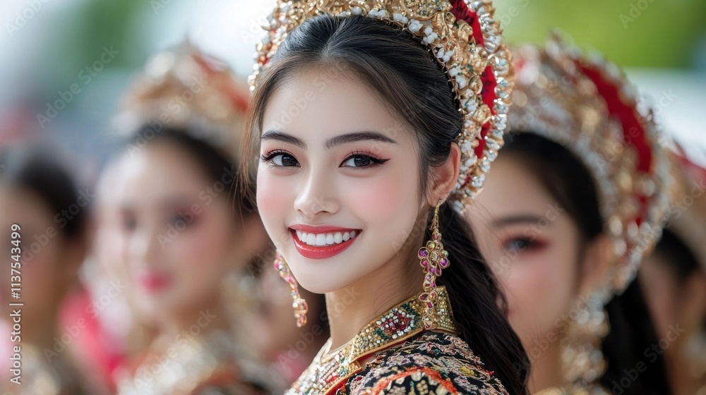 Smiling Young Asian Woman in Colorful Traditional Ethnic Festival Costume with Ornate Headdress and Jewelry Celebrating Cultural Traditions and Diversity Smiling Young Asian Woman in Colorful Traditional Ethnic Festival Costume with Ornate Headdress and Jewelry Celebrating Cultural Traditions and Diversity
