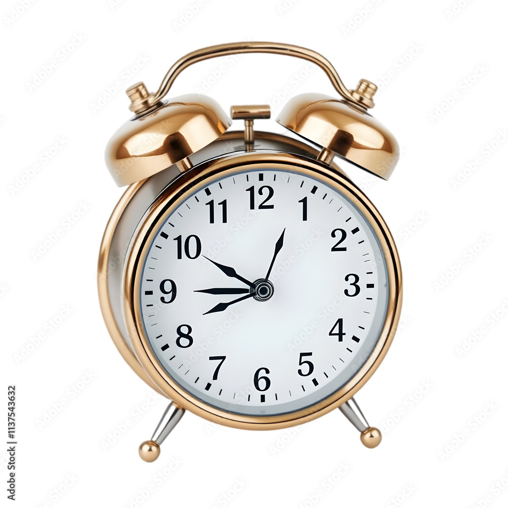 A detailed 3D alarm clock with classic bells and a white face, placed on a clean white background A detailed 3D alarm clock with classic bells and a white face, placed on a clean white background