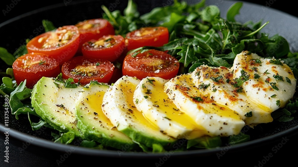 Delicious salad with mozzarella, avocado, tomatoes, and arugula. Delicious salad with mozzarella, avocado, tomatoes, and arugula.