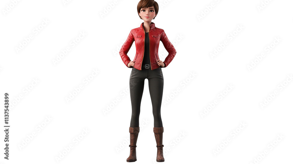 Stylish animated character in a red jacket and brown boots posing confidently against a transparent background. Stylish animated character in a red jacket and brown boots posing confidently against a transparent background.