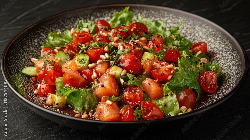 Delicious salmon salad with tomatoes, lettuce, and pine nuts. Delicious salmon salad with tomatoes, lettuce, and pine nuts.