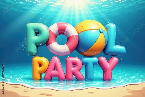 Vibrant pool party scene with colorful inflatable letters and beach ball underwater