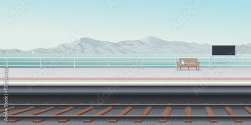 The platform of the seaside train station with a cat sitting on a bench have mountain ranges and blue sky background graphic illustration.