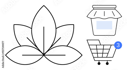 Black and white line drawing of a leaf, a jam jar with a label, and a shopping cart with a notification bubble. Ideal for themes of nature, food, shopping, products, organic, ecommerce