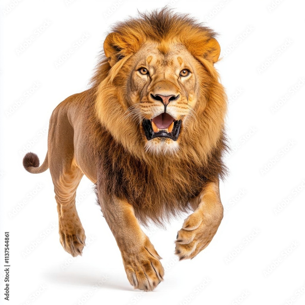 Obraz premium A photostock of a lion mid-stride, isolated on a clean white background, majestic and powerful, High Quality