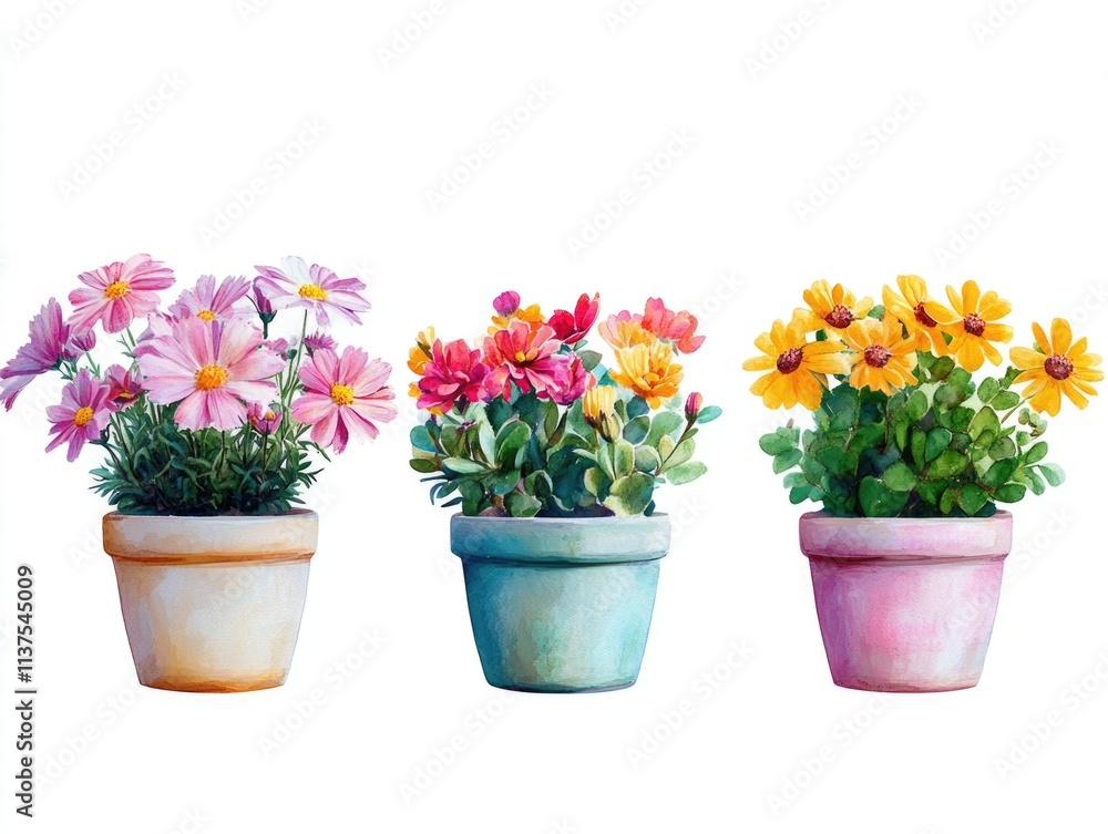 Fototapeta premium Three potted flowers on white