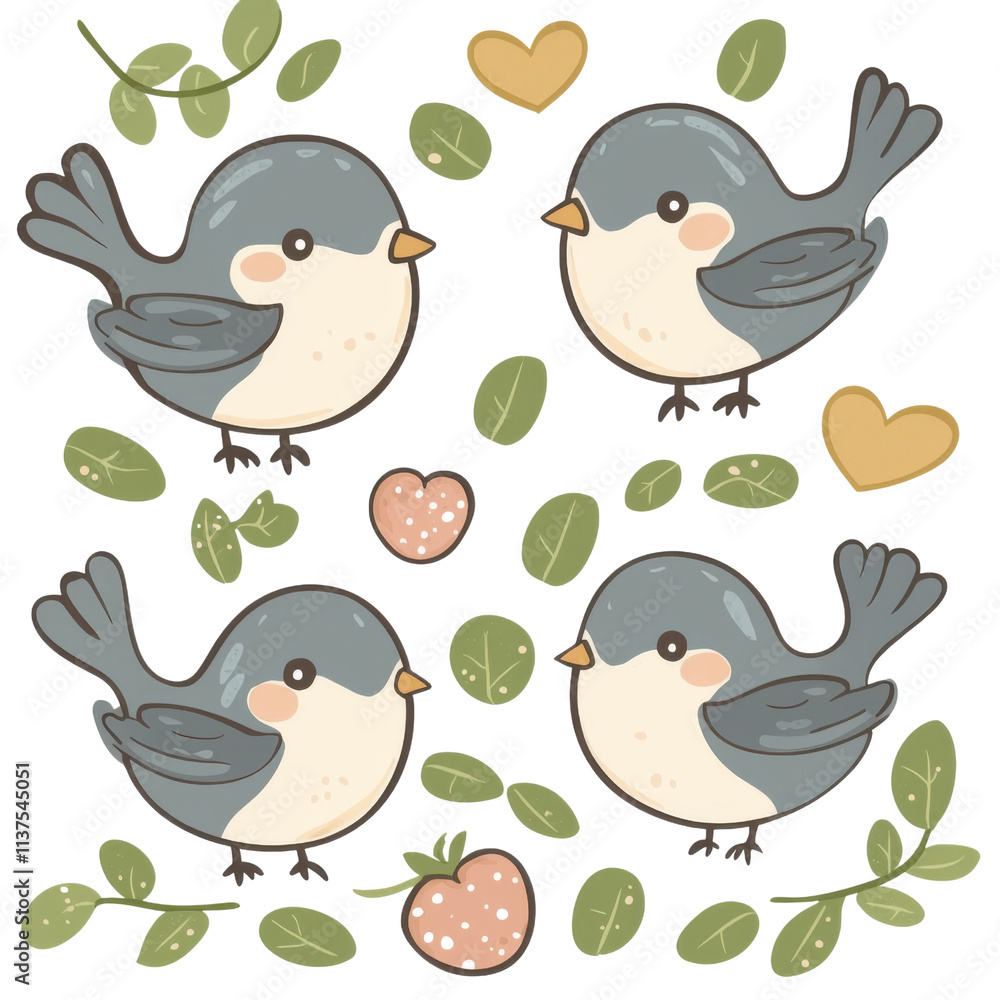 Charming birds playing together nature scene illustration whimsical style close-up view playfulness concept Charming birds playing together nature scene illustration whimsical style close-up view playfulness concept