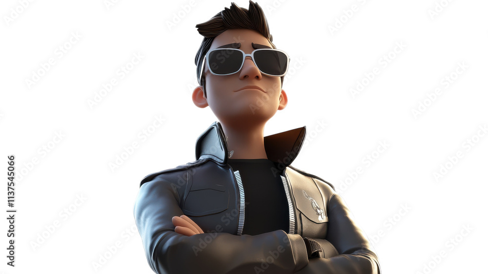 A confident animated character wearing sunglasses and a leather jacket stands proudly with arms crossed in a minimalist setting. A confident animated character wearing sunglasses and a leather jacket stands proudly with arms crossed in a minimalist setting.