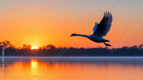 Elegant Swann in Flight Against a Breathtaking Sunrise Horizon photo