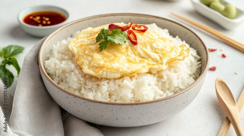 Delicious Bowl of Rice Topped with Golden Omelette and Spices Delicious Bowl of Rice Topped with Golden Omelette and Spices